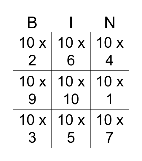 10 times tables Bingo Card
