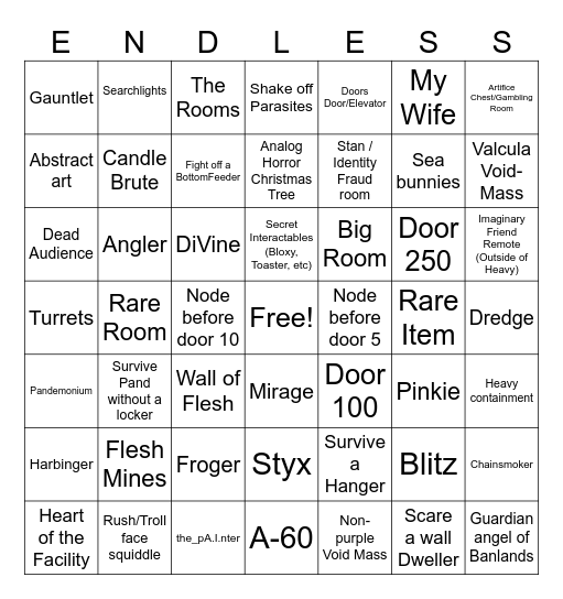 Pressure Endless Mode Bingo Card