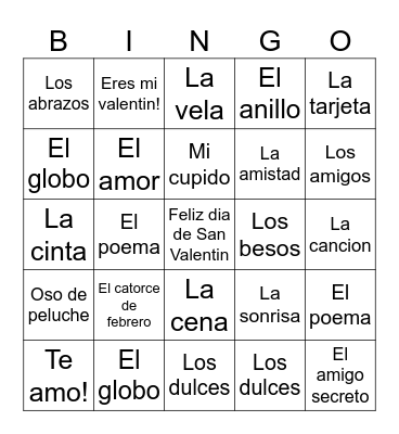 Feliz dia de San Valentin Bingo Card