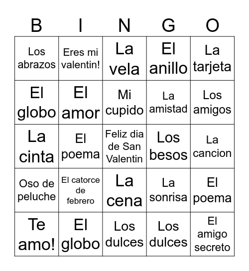Feliz dia de San Valentin Bingo Card
