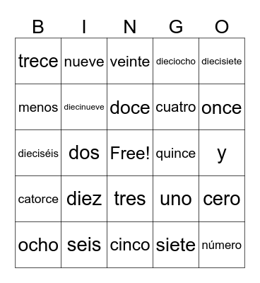 Números 0-20 Bingo Card