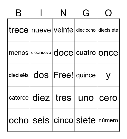 Números 0-20 Bingo Card
