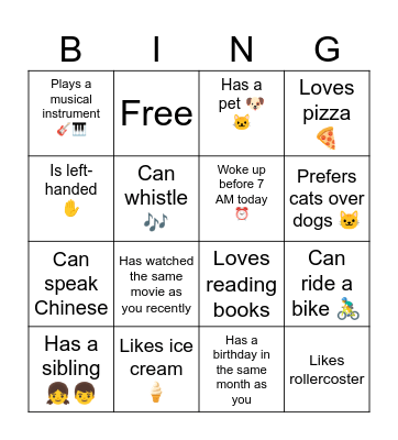 find a frind Bingo Card
