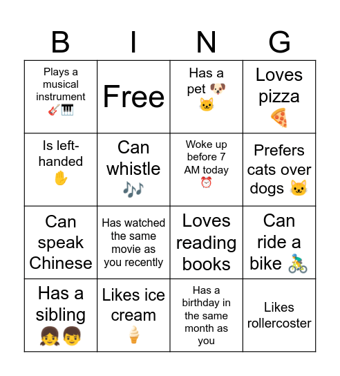 find a frind Bingo Card