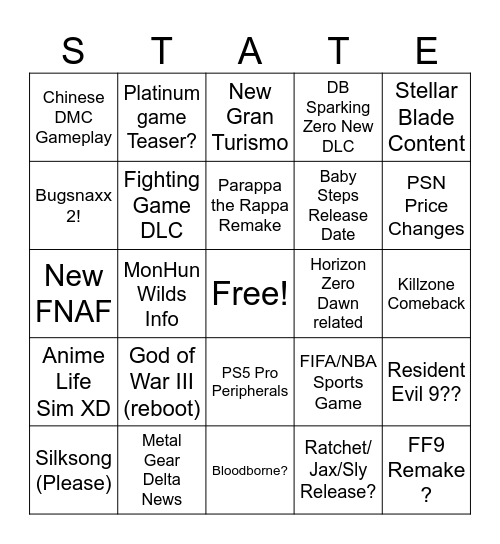 State of Play Feb 2025 Bingo Card