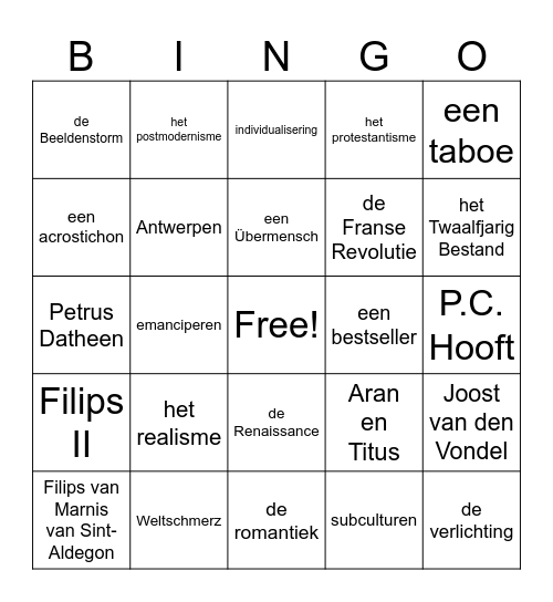 Literatuurgeschiedenis Bingo Card