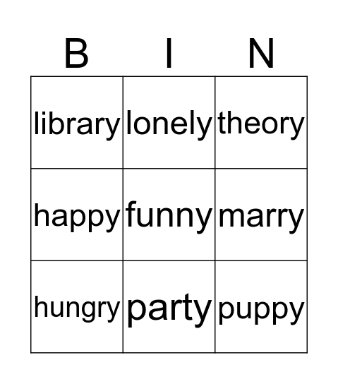 -Y sounds Bingo Card
