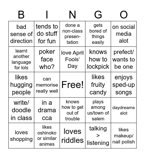 crystal ahh things to do/be Bingo Card