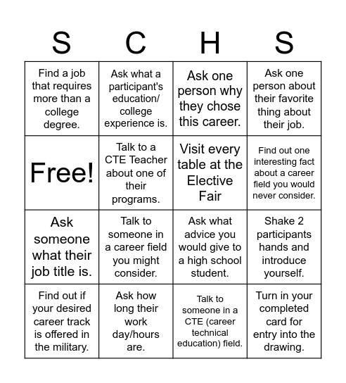 Surry County Public Schools CTE Elective Fair Bingo Card