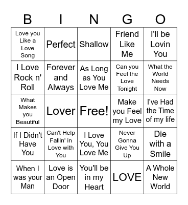 Love Songs Bingo Card