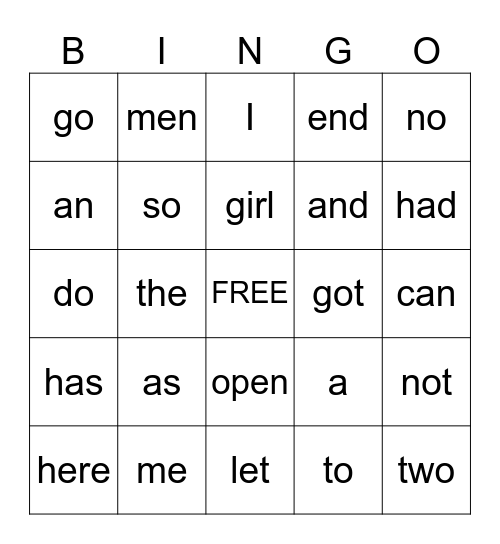High Frequency Bingo Card