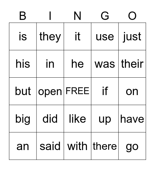 High Frequency Word Bingo Card