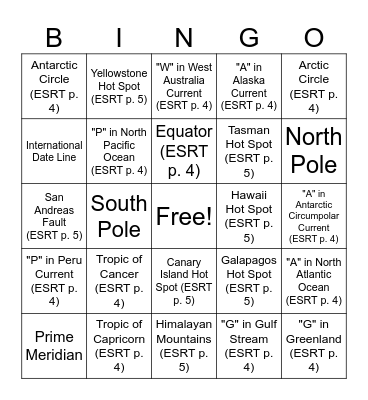Latitude Longitude (Earth Science Reference Table pp. 4 - 5) Bingo Card