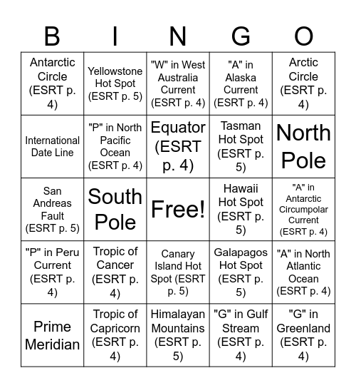 Latitude Longitude (Earth Science Reference Table pp. 4 - 5) Bingo Card
