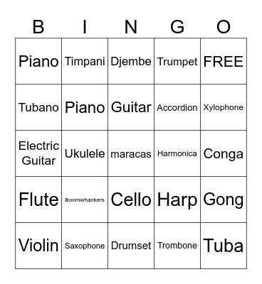 Instrument Pictures Bingo Card