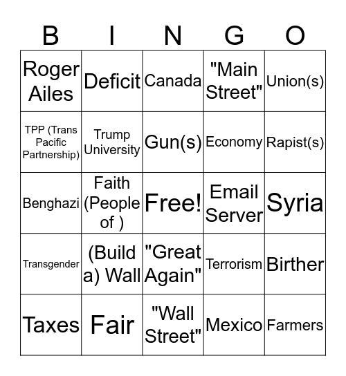 Clinton-Trump First Debate Bingo Card