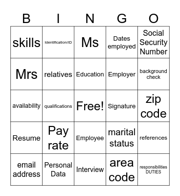 Job Readiness- Applications Bingo Card