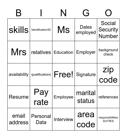Job Readiness- Applications Bingo Card