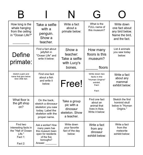 Museum of Natural History Bingo Card