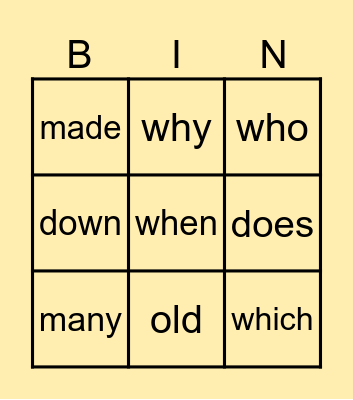 Sight words Bingo Card