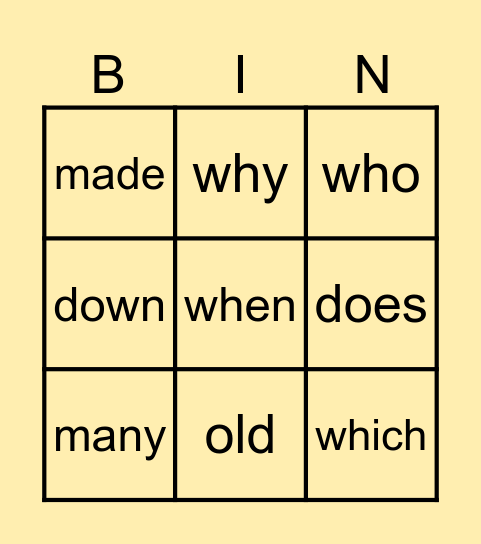 Sight words Bingo Card