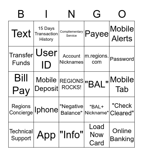 Mobile Banking Bingo Card