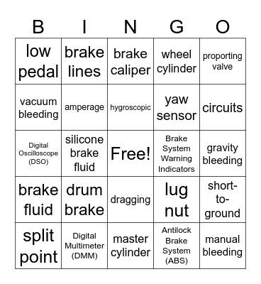 ASE Brakes Bingo Card