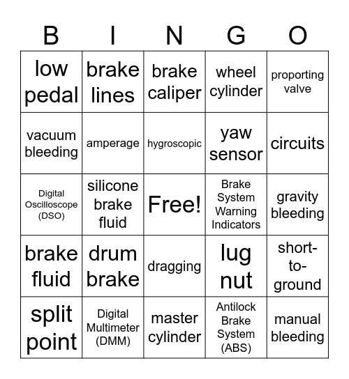 ASE Brakes Bingo Card
