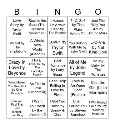 Love Song Bingo - Game 1 Bingo Card