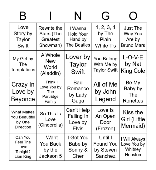Love Song Bingo - Game 1 Bingo Card