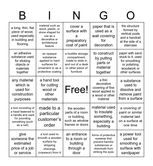 Carpentry Bingo! Bingo Card