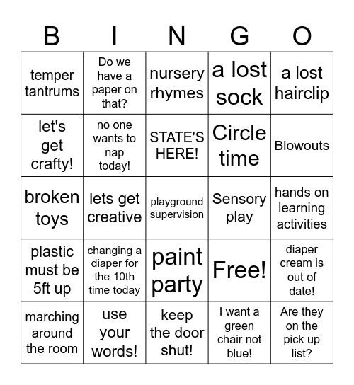 CHILDCARE BINGO Card