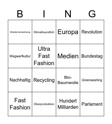 Fast Fashion Bingo Card