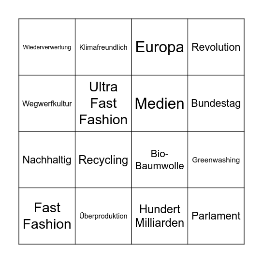 Fast Fashion Bingo Card