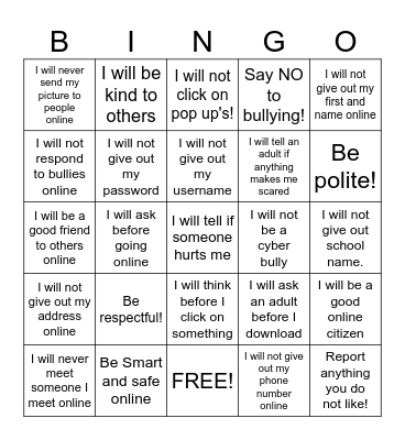 Internet Safety Bingo Card