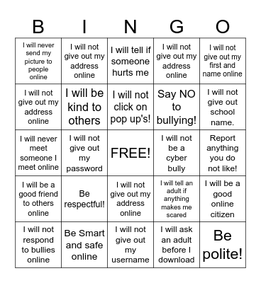 Internet Safety Bingo Card