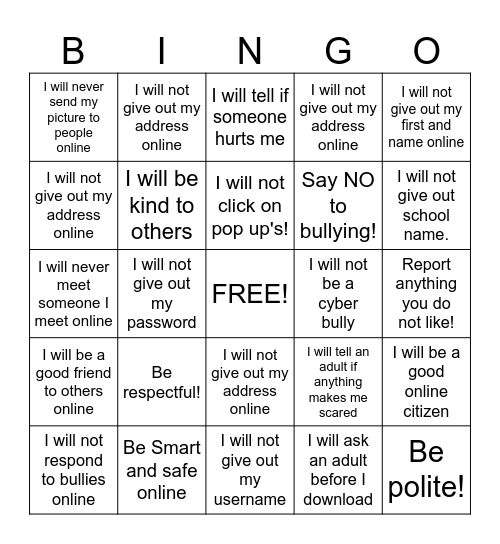 Internet Safety Bingo Card
