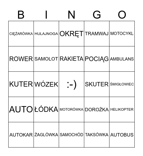 ŚRODKI TRANSPORTU Bingo Card