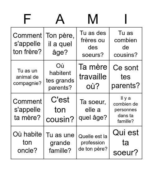 Présenter Ma Famille Bingo Card