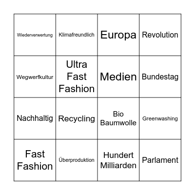 Fast Fashion Bingo Card