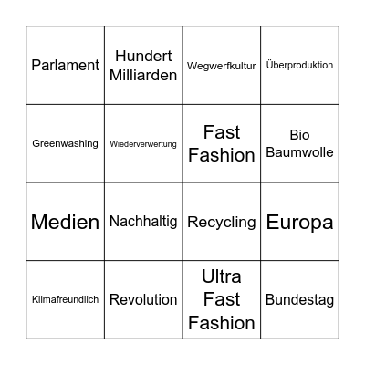 Fast Fashion Bingo Card