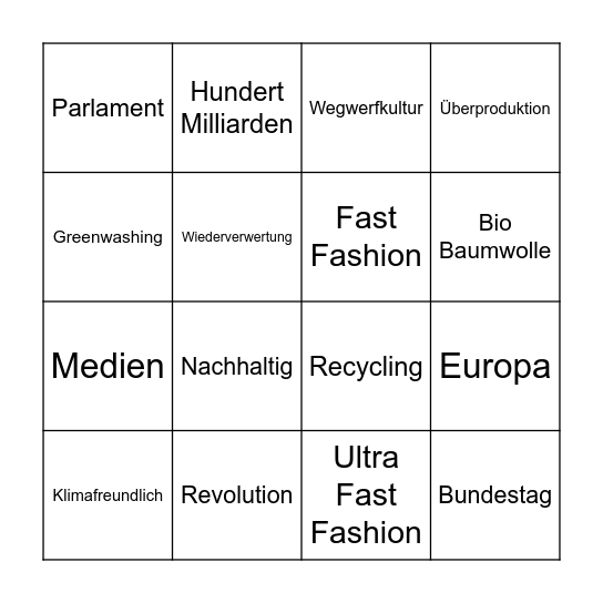 Fast Fashion Bingo Card