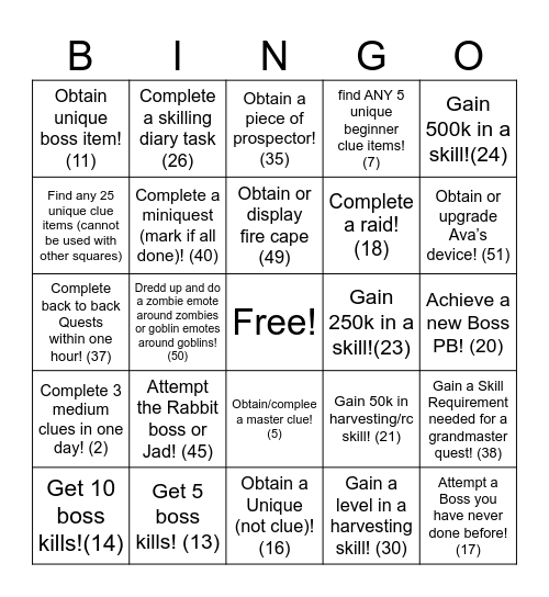 Runescape Bingo Card