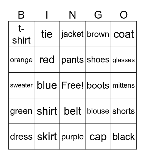 Clothing Bingo Card