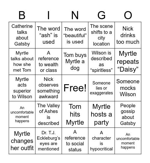 The Great Gatsby: Chapter 2 Bingo Card