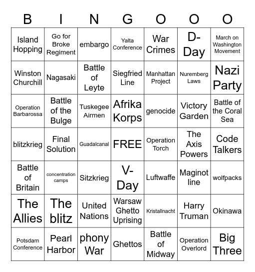 Unit 8 - WWII Bingo Card