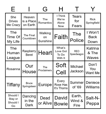 80s Music Bingo Card
