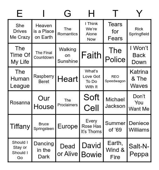 80s Music Bingo Card