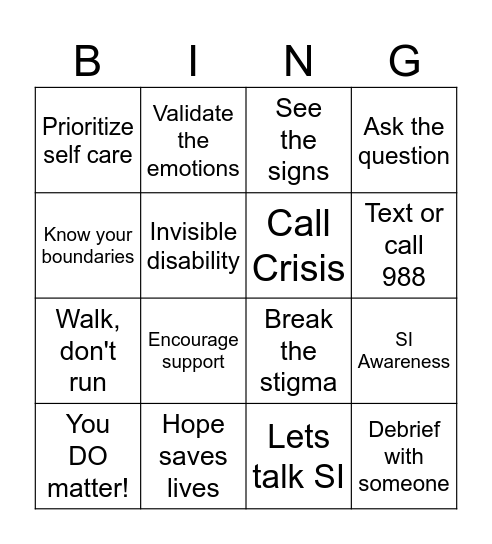 S.A.V.E Bingo Card