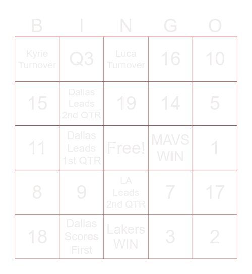 Lakers vs Mavs Bingo Card